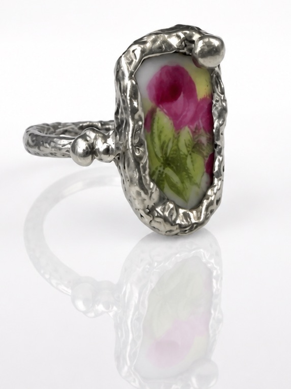 Royal Albert Old Country Roses Broken China Ring - Boho Silver Blend Size 6.5
